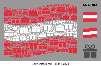 Waving Austria state flag. Vector gift design elements are combined into conceptual Austria flag composition. Patriotic composition done of flat gift elements.