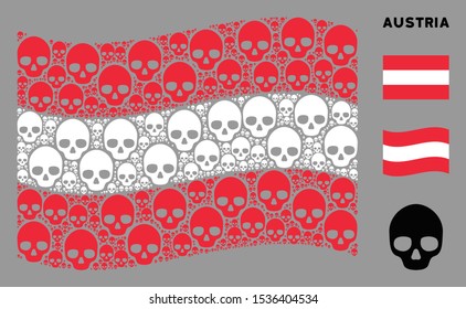Waving Austria state flag. Vector skull icons are grouped into mosaic Austria flag illustration. Patriotic concept created of flat skull icons.