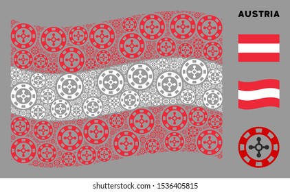 Waving Austria state flag. Vector roulette casino chip items are scattered into mosaic Austria flag collage. Patriotic collage composed of flat roulette casino chip design elements.