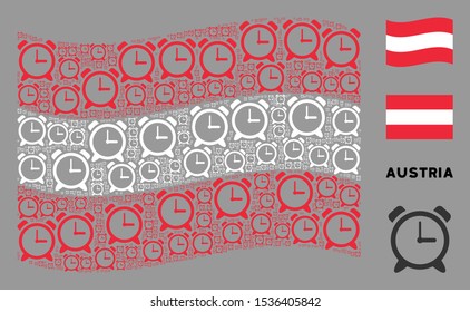 Waving Austria state flag. Vector alarm clock design elements are combined into geometric Austria flag composition. Patriotic concept organized of flat alarm clock design elements.