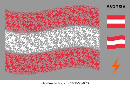 Waving Austria state flag. Vector electric bolt design elements are organized into geometric Austria flag illustration. Patriotic concept done of flat electric bolt design elements.