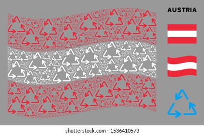 Waving Austria state flag. Vector recycle triangle design elements are scattered into conceptual Austria flag collage. Patriotic collage organized of flat recycle triangle elements.