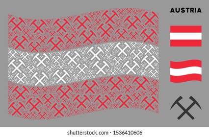 Waving Austria state flag. Vector mining hammers design elements are formed into geometric Austria flag collage. Patriotic composition created of flat mining hammers design elements.