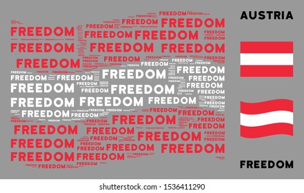 Waving Austria state flag. Vector freedom text elements are combined into geometric Austrian flag collage. Patriotic collage combined of flat freedom text design elements.