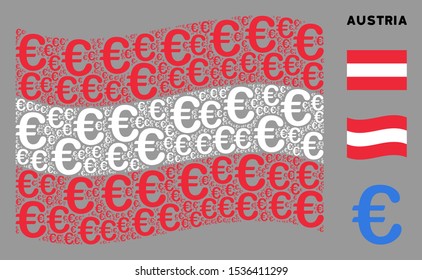 Waving Austria state flag. Vector Euro symbol elements are arranged into conceptual Austria flag collage. Patriotic collage composed of flat Euro symbol pictograms.