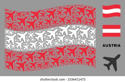 Waving Austria state flag. Vector air plane pictograms are organized into conceptual Austria flag collage. Patriotic collage organized of flat air plane elements.