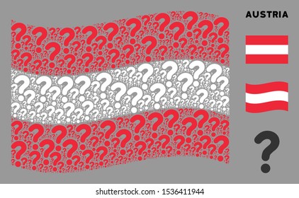 Waving Austria state flag. Vector question design elements are scattered into geometric Austrian flag composition. Patriotic composition created of flat question design elements.