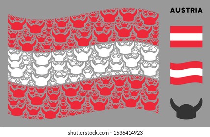 Waving Austria state flag. Vector horned helmet design elements are organized into mosaic Austria flag composition. Patriotic collage organized of flat horned helmet pictograms.