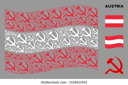 Waving Austria state flag. Vector sickle and hammer items are organized into conceptual Austria flag illustration. Patriotic collage created of flat sickle and hammer pictograms.