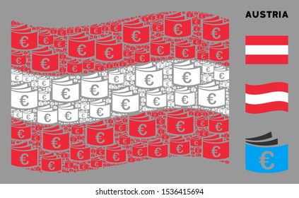 Waving Austria state flag. Vector Euro checkbook design elements are arranged into conceptual Austria flag abstraction. Patriotic composition organized of flat Euro checkbook design elements.