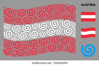 Waving Austria state flag. Vector spiral elements are arranged into conceptual Austria flag abstraction. Patriotic illustration created of flat spiral design elements.