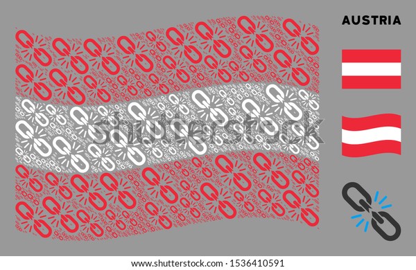 Waving Austria state\
flag. Vector break chain link items are united into geometric\
Austria flag collage. Patriotic collage constructed of flat break\
chain link pictograms.