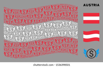 Waving Austrian flag. Vector angel investment icons are scattered into conceptual Austria flag illustration. Patriotic illustration composed of flat angel investment icons.