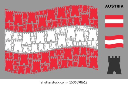 Waving Austrian flag. Vector bulwark tower design elements are scattered into mosaic Austria flag composition. Patriotic collage done of flat bulwark tower design elements.