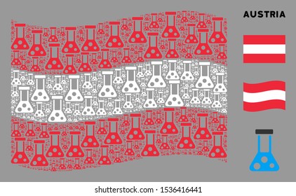 Waving Austrian flag. Vector chemistry elements are placed into mosaic Austrian flag abstraction. Patriotic illustration done of flat chemistry elements.
