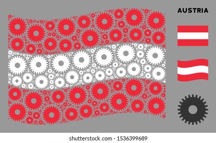 Waving Austrian flag. Vector cogwheel design elements are organized into mosaic Austria flag abstraction. Patriotic collage organized of flat cogwheel elements.