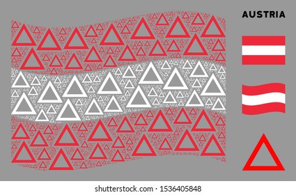Waving Austrian flag. Vector contour triangle pictograms are grouped into geometric Austrian flag illustration. Patriotic collage organized of flat contour triangle pictograms.