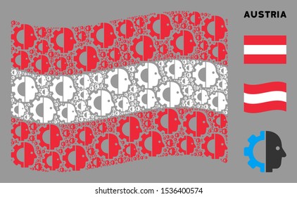 Waving Austrian flag. Vector cyborg head elements are grouped into mosaic Austrian flag composition. Patriotic composition done of flat cyborg head elements.