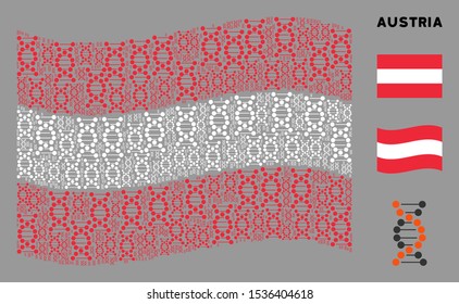 Waving Austrian flag. Vector DNA design elements are grouped into conceptual Austrian flag composition. Patriotic composition composed of flat DNA icons.
