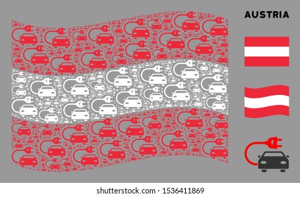 Waving Austrian flag. Vector electric car design elements are arranged into conceptual Austrian flag collage. Patriotic collage created of flat electric car elements.