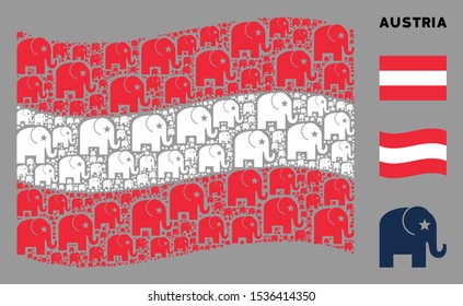Waving Austrian flag. Vector elephant elements are united into conceptual Austrian flag illustration. Patriotic illustration combined of flat elephant elements.