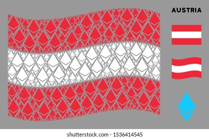 Waving Austrian flag. Vector Ethereum crystal pictograms are combined into conceptual Austrian flag illustration. Patriotic illustration done of flat Ethereum crystal pictograms.
