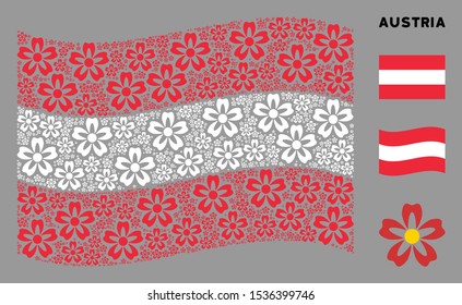 Waving Austrian flag. Vector flower design elements are scattered into conceptual Austria flag composition. Patriotic concept composed of flat flower design elements.