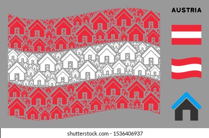 Waving Austrian flag. Vector home icons are placed into mosaic Austrian flag abstraction. Patriotic illustration organized of flat home icons.