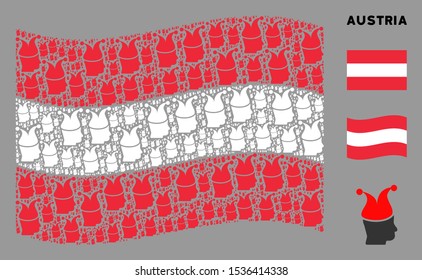 Waving Austrian flag. Vector joker icons are combined into mosaic Austria flag collage. Patriotic composition combined of flat joker icons.