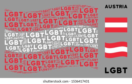 Waving Austrian flag. Vector LGBT text design elements are grouped into mosaic Austria flag composition. Patriotic concept combined of flat LGBT text design elements.