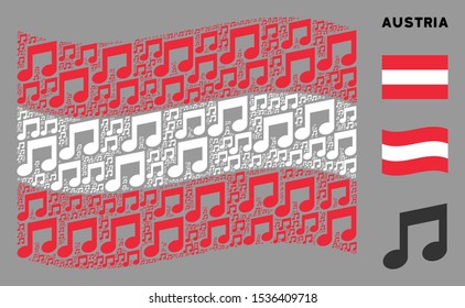 Waving Austrian flag. Vector music elements are combined into geometric Austrian flag illustration. Patriotic concept combined of flat music design elements.