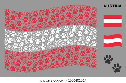 Waving Austrian flag. Vector paw footprints elements are organized into geometric Austria flag collage. Patriotic collage composed of flat paw footprints elements.