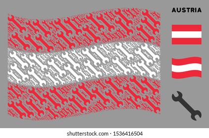 Waving Austrian flag. Vector wrench elements are organized into conceptual Austrian flag collage. Patriotic illustration organized of flat wrench elements.