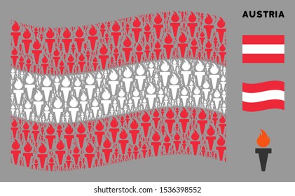 Waving Austrian official flag. Vector torch fire design elements are united into geometric Austrian flag composition. Patriotic collage composed of flat torch fire design elements.