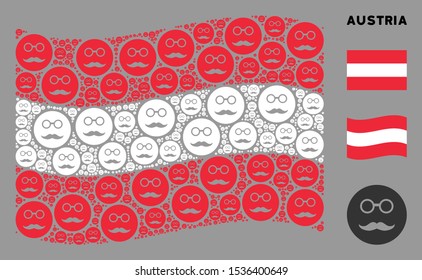 Waving Austrian official flag. Vector pension smiley design elements are grouped into mosaic Austrian flag illustration. Patriotic concept constructed of flat pension smiley elements.
