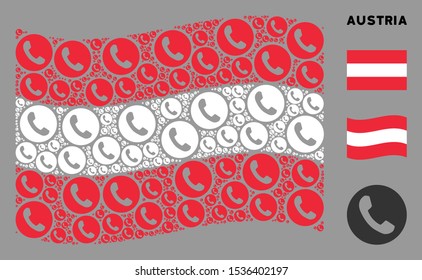 Waving Austrian official flag. Vector phone number design elements are arranged into geometric Austrian flag collage. Patriotic illustration designed of flat phone number elements.