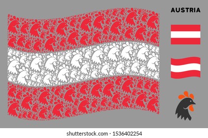 Waving Austrian official flag. Vector rooster head elements are arranged into conceptual Austrian flag illustration. Patriotic illustration organized of flat rooster head design elements.
