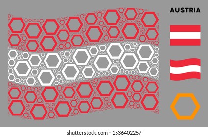 Waving Austrian official flag. Vector contour hexagon elements are placed into mosaic Austrian flag composition. Patriotic illustration organized of flat contour hexagon elements.