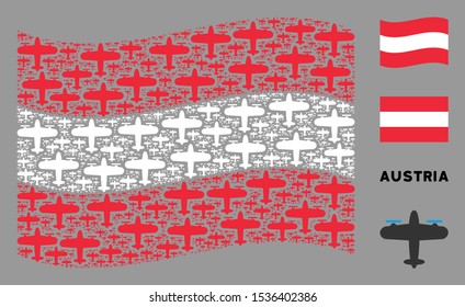 Waving Austrian official flag. Vector aircraft design elements are united into mosaic Austrian flag composition. Patriotic illustration composed of flat aircraft elements.