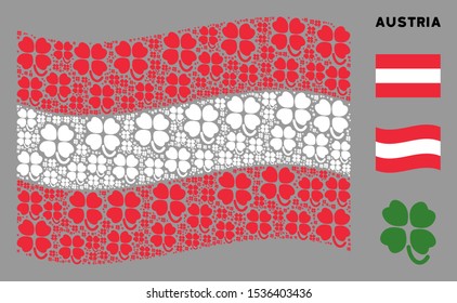 Waving Austrian official flag. Vector four-leafed clover icons are grouped into conceptual Austrian flag illustration. Patriotic illustration composed of flat four-leafed clover icons.