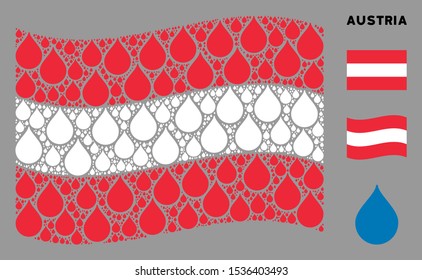 Waving Austrian official flag. Vector drop pictograms are combined into mosaic Austrian flag abstraction. Patriotic illustration organized of flat drop pictograms.