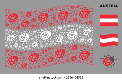 Waving Austrian official flag. Vector ladybird bug elements are combined into conceptual Austrian flag abstraction. Patriotic collage constructed of flat ladybird bug elements.