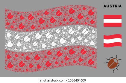 Waving Austrian official flag. Vector bug elements are united into mosaic Austrian flag illustration. Patriotic illustration composed of flat bug design elements.