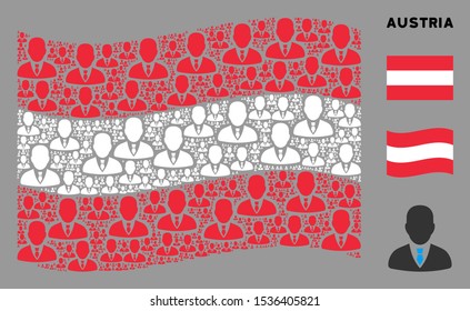 Waving Austrian official flag. Vector businessman icons are scattered into geometric Austrian flag collage. Patriotic collage organized of flat businessman icons.