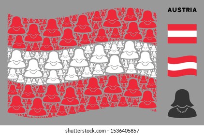 Waving Austrian official flag. Vector female elements are scattered into mosaic Austrian flag abstraction. Patriotic illustration designed of flat female elements.