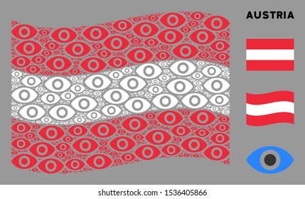 Waving Austrian official flag. Vector eye design elements are combined into geometric Austrian flag collage. Patriotic composition composed of flat eye design elements.