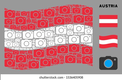 Waving Austrian official flag. Vector photo camera design elements are organized into mosaic Austrian flag abstraction. Patriotic collage created of flat photo camera elements.
