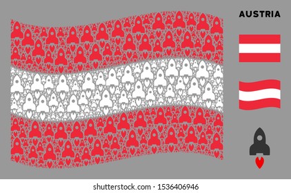 Waving Austrian official flag. Vector space rocket design elements are arranged into geometric Austrian flag composition. Patriotic collage constructed of flat space rocket design elements.