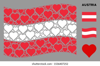 Waving Austrian official flag. Vector valentine heart design elements are formed into mosaic Austria flag illustration. Patriotic illustration created of flat valentine heart design elements.