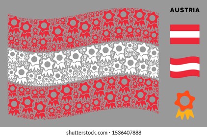 Waving Austrian official flag. Vector award design elements are formed into geometric Austrian flag abstraction. Patriotic collage created of flat award elements.